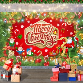 Merry Christmas Decorations Banner, Red Xmas Backdrop Banner with Santa Claus Gnome Gifts Hanging Poster Sign for Outdoor Inside Wall Holiday Background New Year Party Decor Supplies, 72.8x43.3 Inch