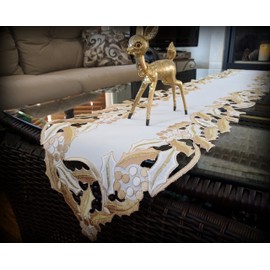 Galleria di Giovanni Table Runner 66 inch Gold Mistletoe Christmas Mantel or Dresser Scarf Doily Embroidered Holly