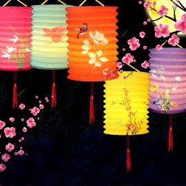 10 PCS Chinese Japanese Paper Lanterns with LED Lights, 6.3inch Hanging Paper Lantern Decoration 6.3 in Hanging Lanterns for Asian Birthday Hibachi Wedding Baby Shower Party Lunar New Year Decor