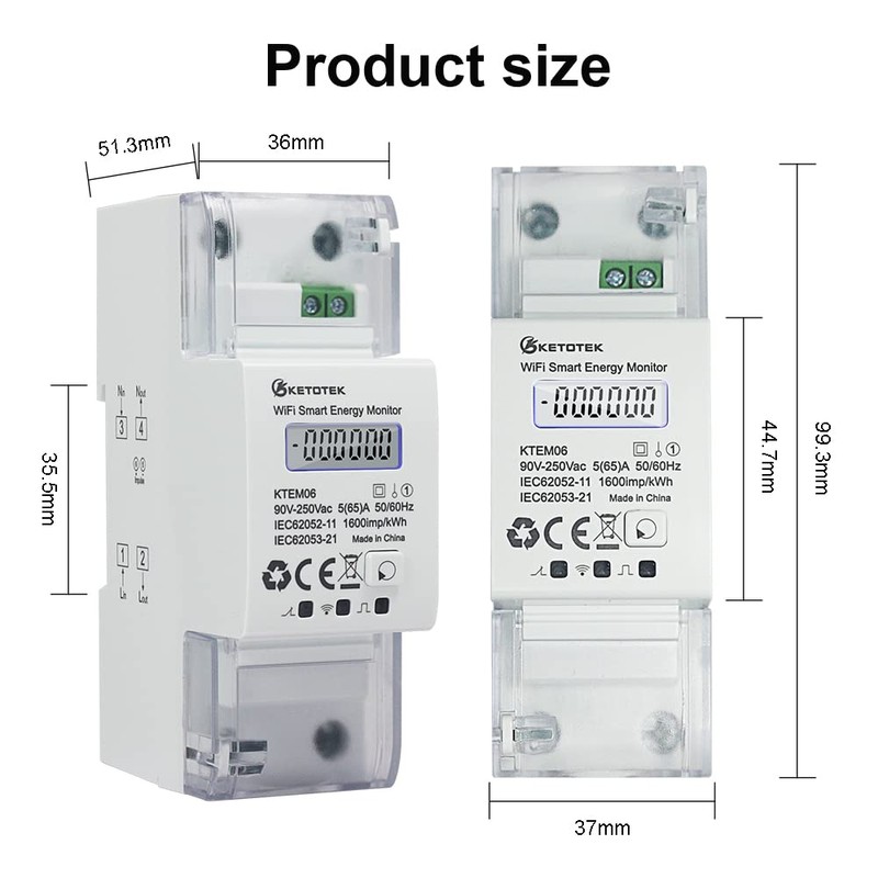 KETOTEK Smart Electricity Meter DIN Rail WLAN 1 Phase Current