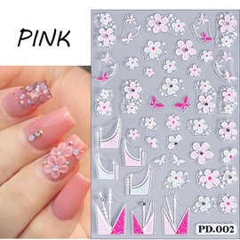 3 Sheets 5D Embossed Flower Nail Stickers for Nail Art Self-Adhesive French Tip Nail Art Stickers Black Red Blue Pink Floral Nail Decals Design Summer Flowers Nail Art Supplies for Women Girls