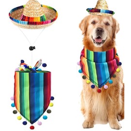 Dog Mexican Sombrero Costume Puppy Bandana Cat Party Hat for Mexican Cinco De Mayo Fiesta Decorations