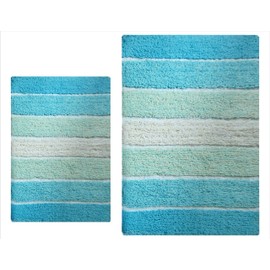 Chardin Home Cordural Stripes Bath Mat, Set of 2 Bath Rugs (17 Inches x24 Inches & 21 Inches x34 Inches) | Non Slip Bathroom Rug, Machine Washable, Plush, Highly Absorbent | Aqua Turquoise Ombre
