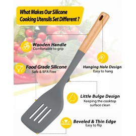 Pack of 4 Silicone Kitchen Utensils Set, Non Stick Solid Spatulas and Heat Resistant Slotted Spoons with Wooden Handle, Ideal BPA Free Cooking Utensils for Mixing,Serving,Turning,Stirring(GRAY)