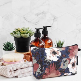 WANDF Cosmetic Bag for Women Makeup bag Organizer Mini Makeup Pouch for Purse Water Resistant Girls Gift (Blue Flower)