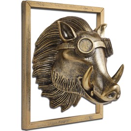 JJALIGHTS Exquisite Resin Animal Head Wall Sculpture (Gift Metal Frame) - Imitation Copper Vintage Decor for Living Room, Bedroom & Office | Decorative Wall Hanging Art (Warthog)