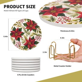 Warmroom Absorbent Flower Ceramic Coasters for Drinks with Gold Holder and Cork Base Set of 6 Round Decorative Tabletop Protection for Coffee Table Bar Kitchen Home