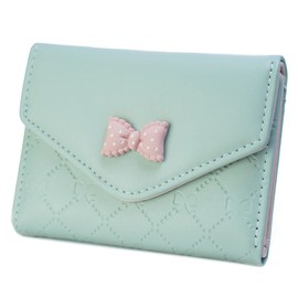 SUMGOGO Womens Girls Wallet Cute Bowknot Trifold Wallet Leather Purse Small Slim Short Wallet Cash Card Holder Bag (Green)