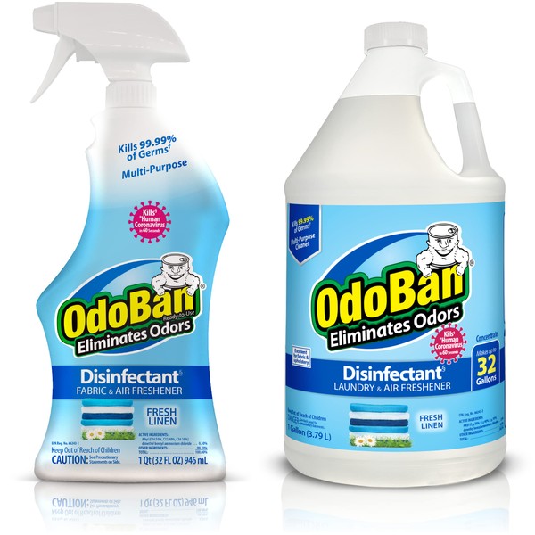 OdoBan Disinfectant and Odor Eliminator, Ready-to-Use 32 oz Spray Bottle and 1 Gallon Concentrate, Fresh Linen Scent