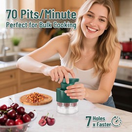 Cherry Pitter - 7-Hole Long Plunger Time-Saving Cherry Pitter Tool Multi-Fruit Core Pit Remover with Splash-Proof Collection, Ambidextrous Design, Dishwasher Safe