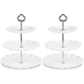 NWK NWK Pack of 2 Large Stable 3-Tier Cupcake Stand 30cm Height Plastic Cake Stand Food Round Display for Wedding Birthday Graduation Afternoon Tea Party (Silver, Large)