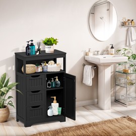 Segawe Bathroom Floor Cabinet Wooden Storage Organizer with 1 Door and 3 Drawers Black