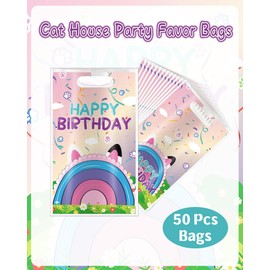 Cute Cartoon Cat Dollhouse Party Bags, 50 Pcs Kitten Cats Gift Goodie Candy Bags, Cat Dollhouse Birthday Party Decorations