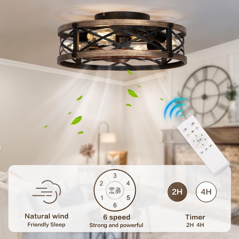 SabvioZh Farmhouse Caged Ceiling Fan with Light Flush Mount, Small