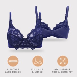 brasier para mujer, brasier de encaje, brasier de cobertura completa sin forro, microfibra, marino, 36DD