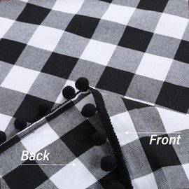 RLoncomix Pom Poms Buffalo Check Tier Curtains 36 Inches Long Rod Pocket Cafe Half Small Window Country Plaid Gingham Kitchen Bathroom Short Curtains, Black/White, 2 Panels