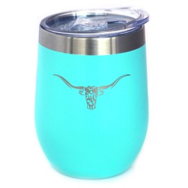 Longhorn - Wine Tumbler Glass with Sliding Lid - Stainless Steel Insulated Mug - Western Themed Farm Decor and Gifts for Texan Ranchers - Teal