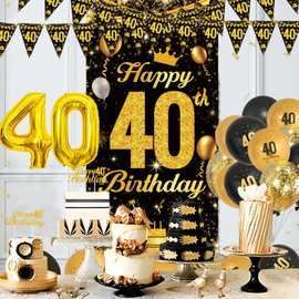 QIFU 40th Birthday Decoration Set - Black and Gold Balloons, Banner, Cake Topper for Men and Women - Party Supplies