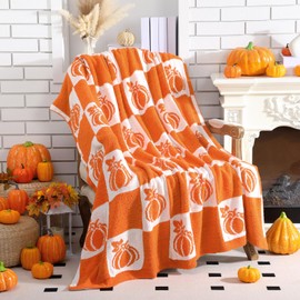 Buryeah Fall Pumpkin Knit Throw Blanket, 50 x 60 Inch Orange and White Reversible Knitted Throw Blanket, Cozy Soft Lightweight Autumn Gift for Couch Sofa Bed Travel