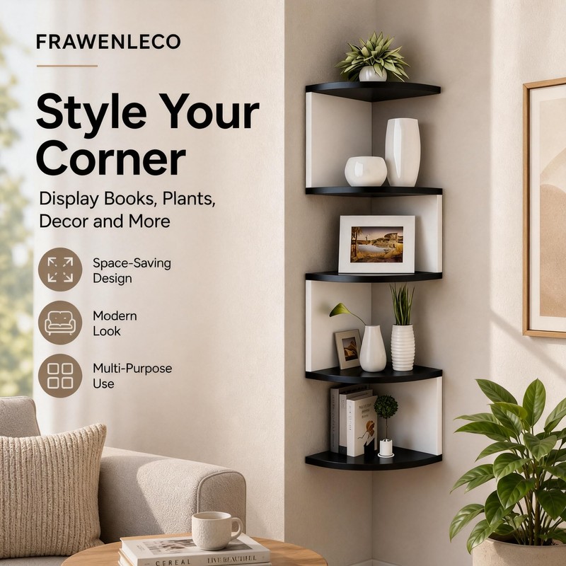 No-Drill Corner Shelf Wall Mount, 5-Tier Floating Corner Bookshelf with