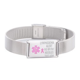 LinnaLove Lymphedema Alert Bracelets No Needle or BP Bracelets Stainless Steel Medical Bracelets for Women (Mesh band-Steel)