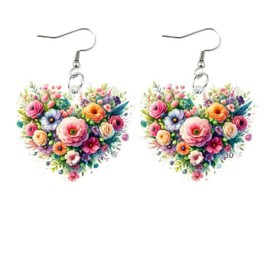 1 Set Mother's Day Colorful Heart Shaped Floral Earrings Designs 2D Acrylic Dangle Flower Decorations Mothers Day Flower Earrings Accessories Holiday Jewelry Gift for Women