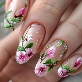 24Pcs Pink Flower Press on Nails Medium Almond Floral Fake Nails Peach Blossom False Nails Full Cover Stick on Nails Spring Summer Floral Green Leaf Acrylic Nails Press ons for Women Nail Decoration