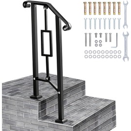LMRSTOO Black Handrails for Outdoor Steps, Heavy Duty Double Post Railing Fits 1-2 Steps with Installation Kit, Mattle Iron Handrail for Concrete Steps, Porch, Deck, and Patio (1-2 step Vertical Rect)