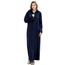 Artfasion Womens Robe Long Zipper Front Hooded Full Length Housecoat Sleepwear for Ladies