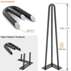 SMARTSTANDARD 20" Metal Hairpin Coffee Table Legs, 1/2" 3 Solid Rods, Industrial Home DIY Projects for Furniture, Bench, Dining Board, Desk, High-Stand with Rubber Floor Protectors, Black, 4PCS