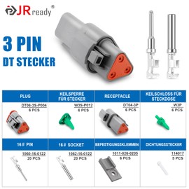 JRready DT Plug 3-Pin German Plug 6 Sets IP68 Waterproof Connector Grey with Terminal Kit Wire Gauge 14-18 AWG German Connector Assortment for Motorcycle Scooter Car Truck Boats
