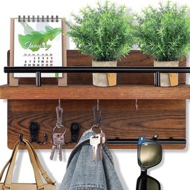 Petyoung Mail Key Holder, Rustic Wooden Key Hangers, Wall Mount Organizer with Mail Shelf and 5 Hooks for Key Coat, Key and Mail Holder for Home Entryway Mudroom Office