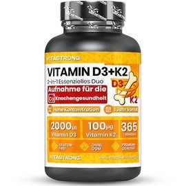 Vitamin D3 + K2 Vitastrong, 365 High Dose Tablets, Supply of 1 Year, 2000 IU Vitamin D3, 100 µg Vitamin K2 MK-7, Vegetarian, Gluten-Free, GM-Free, No Additives, Laboratory-Tested Quality