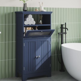 ChooChoo Bathroom Floor Storage Cabinet with Flip Glass Drawer, Bathroom Cabinets Freestanding with 2 Doors Adjustable Shelf & 1 Open Storage for Bathroom, Living Room, Hallway, Navy Blue