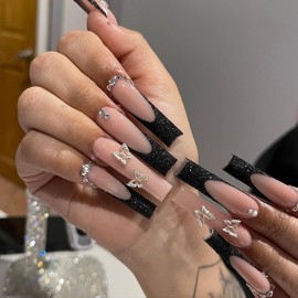 Press on Nails Long Rhinestone Pink Fake Nails Black Nails Square Bling Glossy 3D Butterfly False Nail Tips Glitter Glue on Nails Artificial French Nails Finger Manicure for Women Girls-24pcs…
