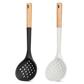 Kitchen Ladle Strainer, Large Slotted Spoon with High Heat Resistant BPA Free, Non Stick Cooking Skimmers For Draining & Frying, 13.2inch (Black & White)