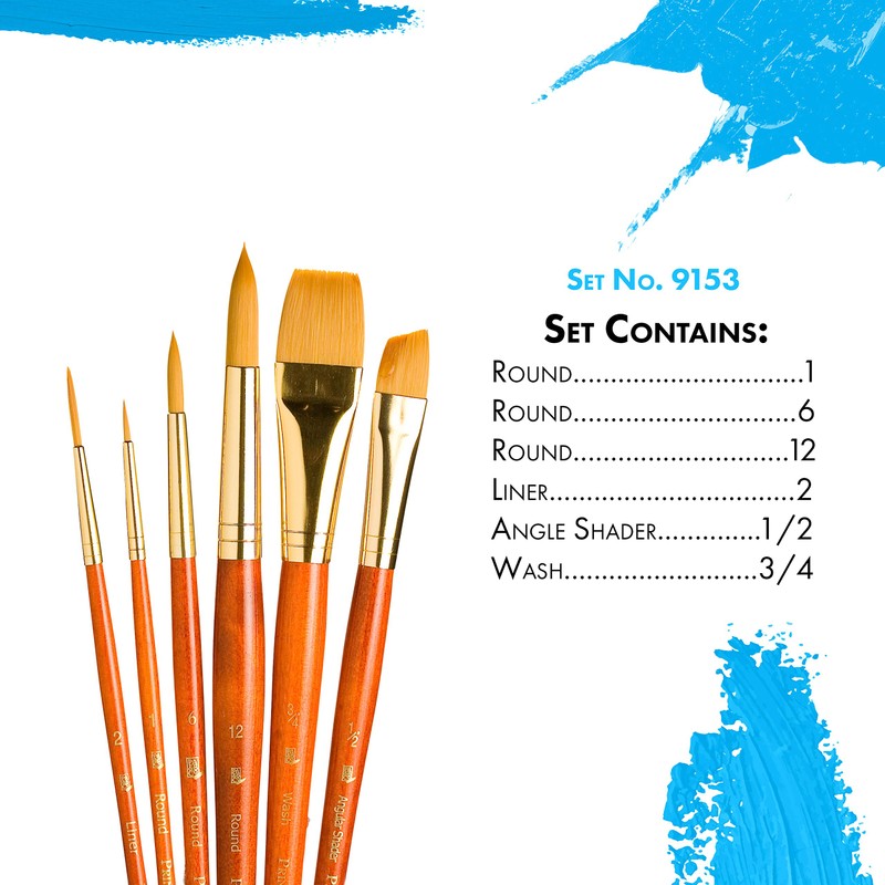 Real Value Brush Set Synthetic Gold Taklon-Rnd 1,6,12,Liner 2,Ang 1/2,Wash