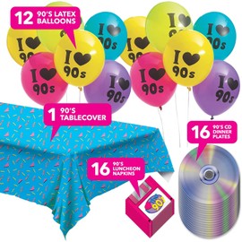 90's Party Supplies - Party Pack of Floppy Disk Napkins, CD Paper Plates, 90's Tablecover, and 90's Balloons (Serves 16)