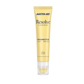 Master Aid Resolve Cicatrici - Cream & Stick 2 in 1, Solare SPF 50+ Doppio Formato Crema e Stick, con Alta Resistenza all'Acqua, Idratante e Lenitivo per Pelle Sensibile e Cicatrici Ipertrofiche