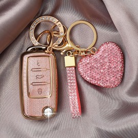 Car Key Case Cover with Diamond Bling Key Fob Made of Soft TPU, 3 Buttons Key Box for VW Golf Polo Passat Skoda Fabia Leon Ibiza Jetta Beetle Multivan T5, pink