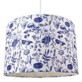 White Cotton 12" Drum Lamp Shade with Vivid Blue Floral Decoration and Inner Lining| 60w Maximum | for Table or Pendant by Happy Homewares