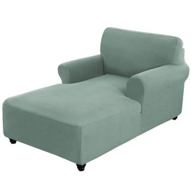 Gray Green Fitted Chaise Lounge Couch Cover - Double Arm, Stretch Chair Slip Cover - Small Checks