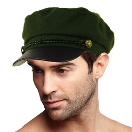 Men's Wool Faux Leather Greek Fisherman Sailor Fiddler Driver Hat Flat Cap Olive/Black