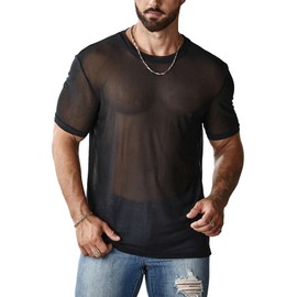 OYOANGLE Men's Sheer Mesh Short Sleeve Round Neck T Shirts Solid Plain See Through Party Tops Black Small