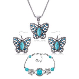 Fuqimanman2020 3pcs Ethnic Simulation Turquoise Set Butterfly Pendant Necklace Bohemian Stretchable Beaded Bracelet Bangle Teardrop for Women Boho Jewelry-Butterfly