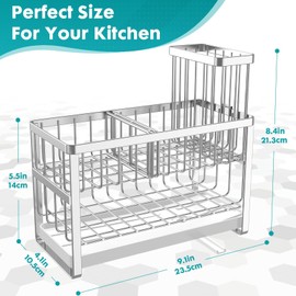 Hviiso Sponge Holder for Kitchen Sink, 2-Tier Sink Caddy with High Brush Holder, Kitchen Storage Organization Sponge Rack, Home Apartment Essential Gadgets Accessories (Silver)