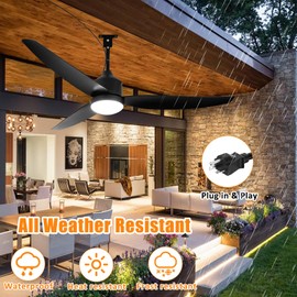 Depuley Outdoor Ceiling Fan with Light: 52 Inch Gazebo Fan Outdoor Hanging - Plug in Waterproof Fans with Lights for Patio - Dimmable Remote App Control Black