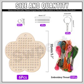 Swpeet 64Pcs Flower Shape Wooden Cross Stitch with Keychain, Jump Ring, Thread and Needles Assortment Kit, Wood Sewing Kit for Beginners, Crafts Needle Embroidery Kit for DIY Hanging Decor Gift