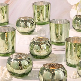 20 Pcs Assorted Green Votive Candle Holders, Larger Size Mercury Glass Candle Holder Bulk, Glass Votive Holder for Wedding, Tea Candle Holders for Christmas Decor, Sage Green Centerpieces for Table