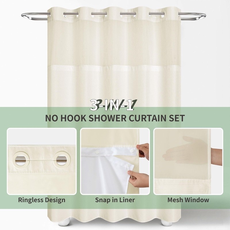 eachope Cream No Hook Shower Curtain with Snap-in Fabric Liner